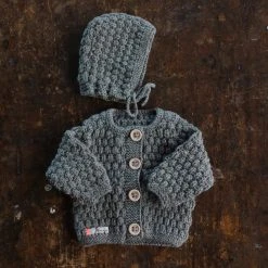 Mormor.nu Hand Knit Merino/Alpaca Baby Jacket And Bonnet - Slate Baby Wool