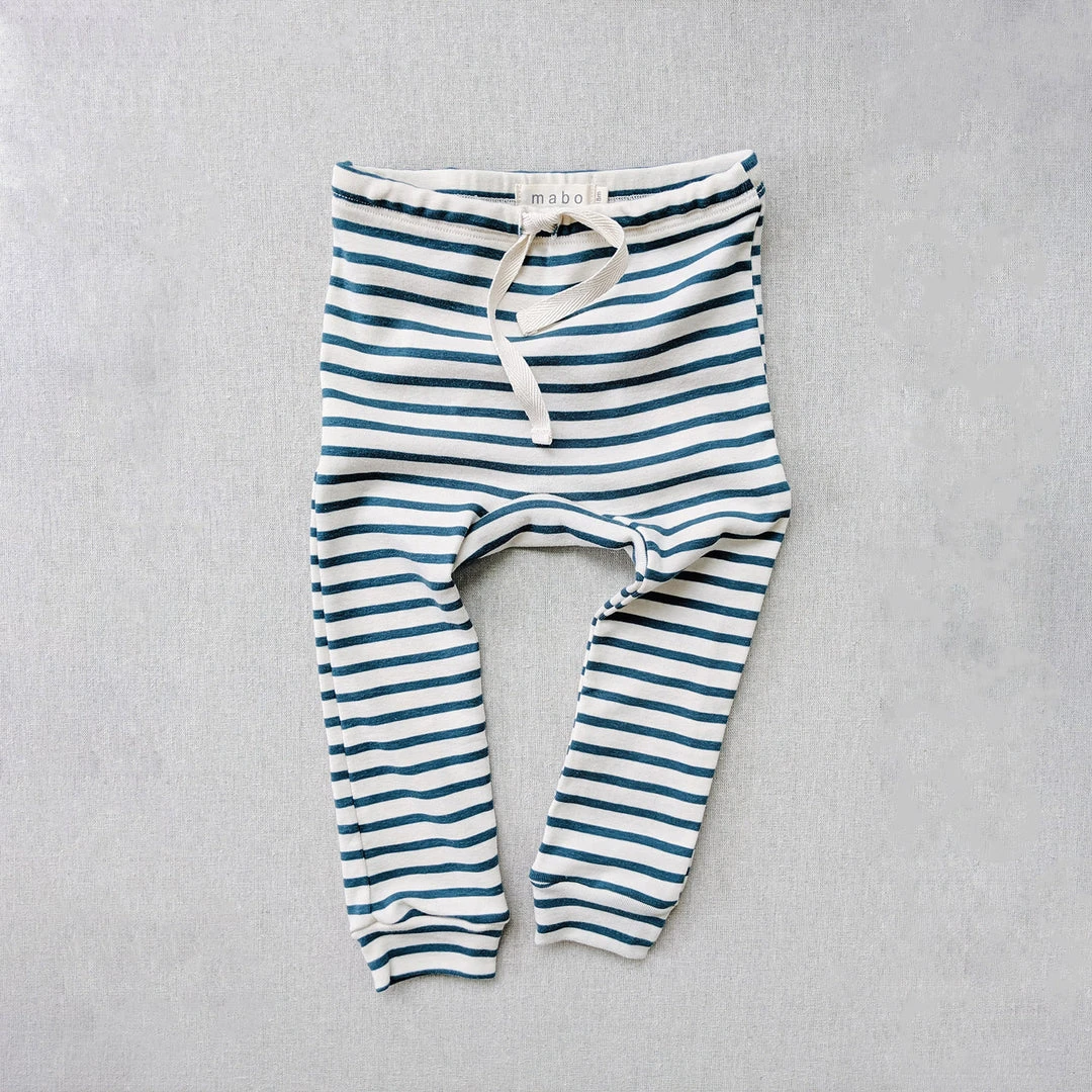 Mabo Cotton & Linen Organic Cotton Leggings - Natural/Azure Stripe