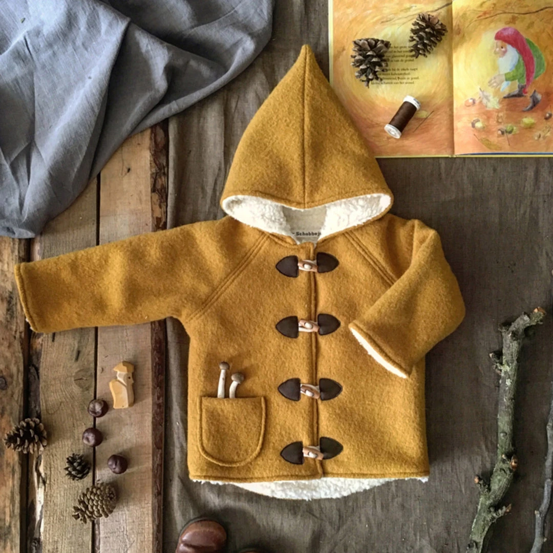 Kleine Schobbejak Kids Wool Wool/Cotton Sherpa Pixie Hooded Coat - Ochre