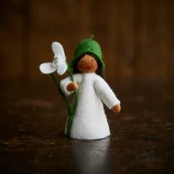 Fairies Toys Handmade Wool Fairy Holding Flower - Snowdrop - Brown