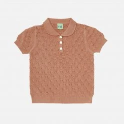 FUB Organic Cotton Pointelle Polo Top - Sandstone SALE