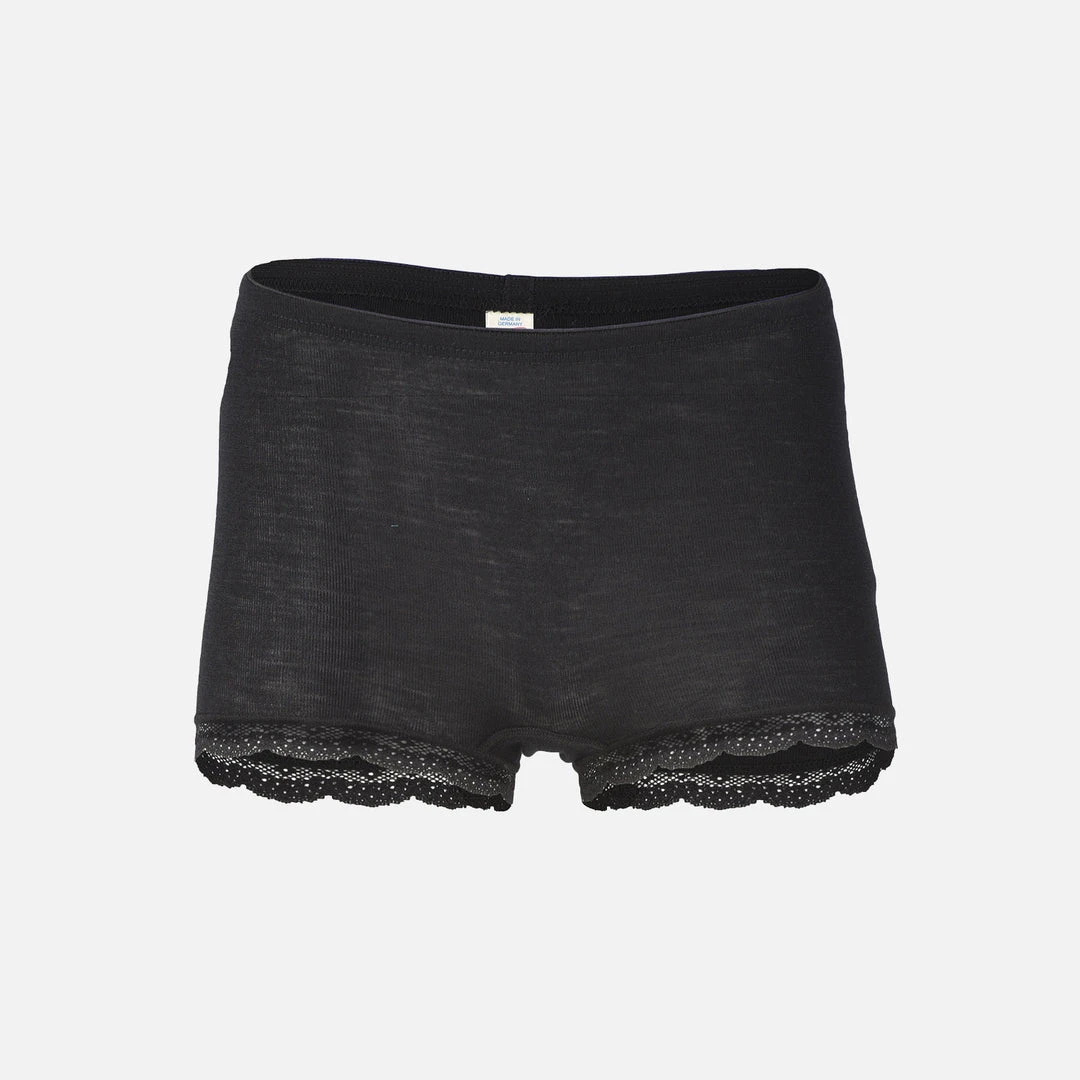 Engel Adults Women's Organic Merino Wool & Silk Boxer Shorts With Lace - Black