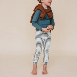 Mabo Cotton & Linen Organic Cotton Leggings - Natural/Azure Stripe