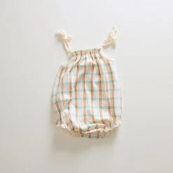 Oeuf Organic Pima Cotton Tie Strap Onesie - Gardenia Check SALE
