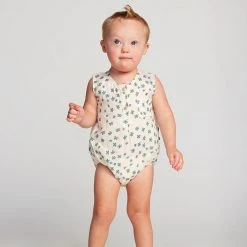 Oeuf Linen Button Down Clover Romper - Gardenia Clover SALE