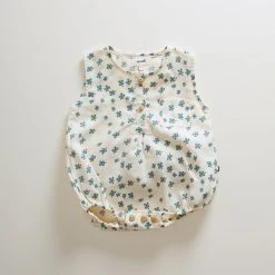 Oeuf Linen Button Down Clover Romper - Gardenia Clover SALE