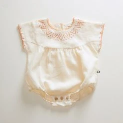 Oeuf SALE Linen Cross Stitch Romper - Fuschia