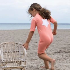 Petit Crabe Cotton & Linen Noe Star UV SS Swim Bodysuit - Coral