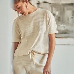 Poudre Organic Women's Organic Cotton Rib Marjolaine SS Tee - Almond Milk SALE