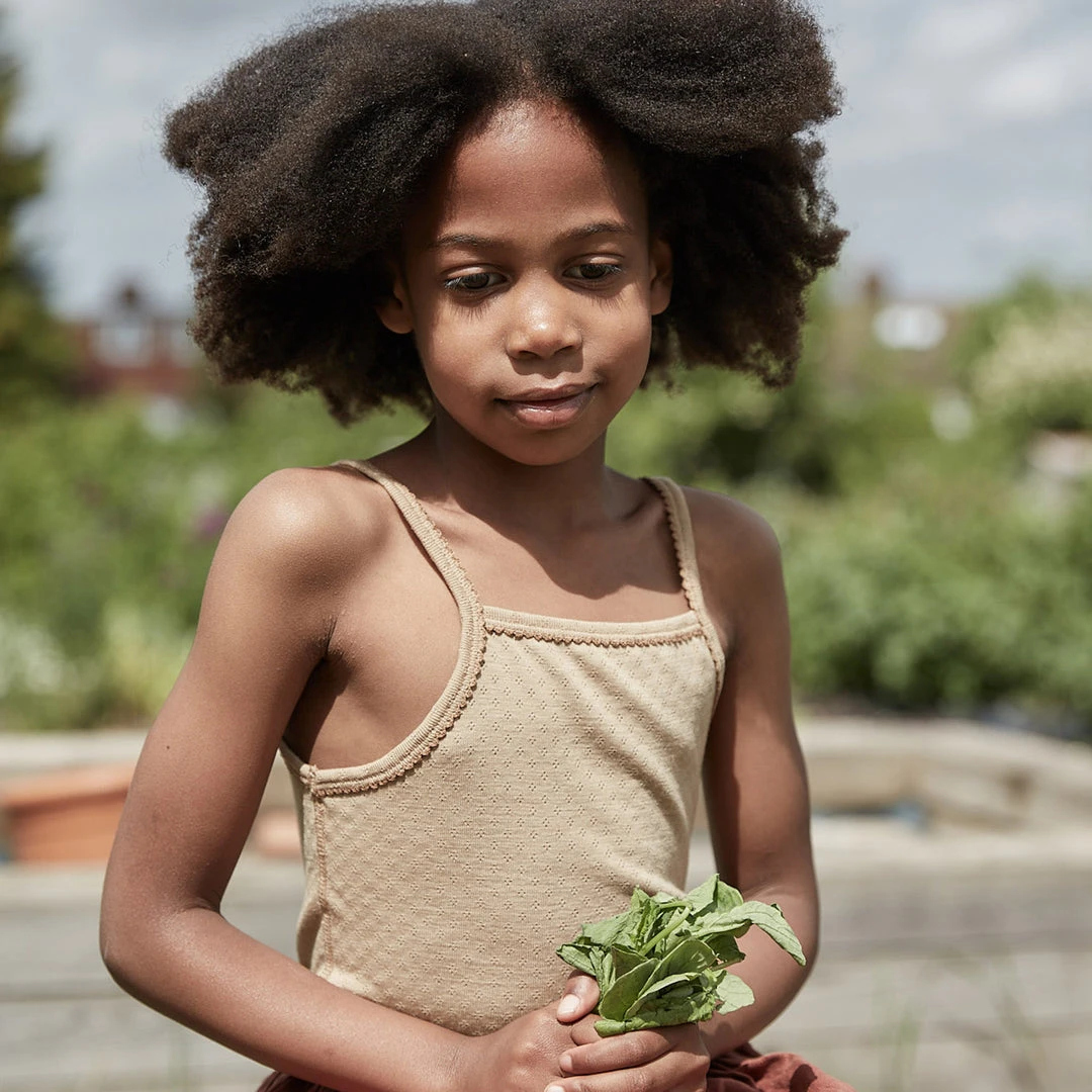 SISKIN Merino Wool/Silk Pointelle Strappy Vest - Caramel