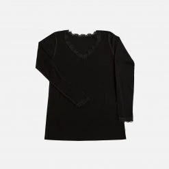JOHA Women's Wool/Silk Rib LS Lace Top - Black Adults