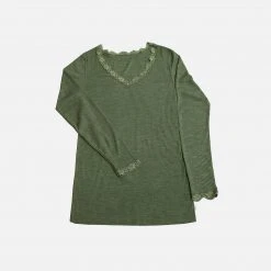 JOHA Adults Women's Wool/Silk Rib LS Lace Top - Jade