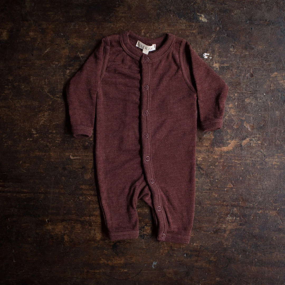 SISKIN Baby Wool Merino Wool/Silk Pointelle Pyjamas/ Romper - Chestnut