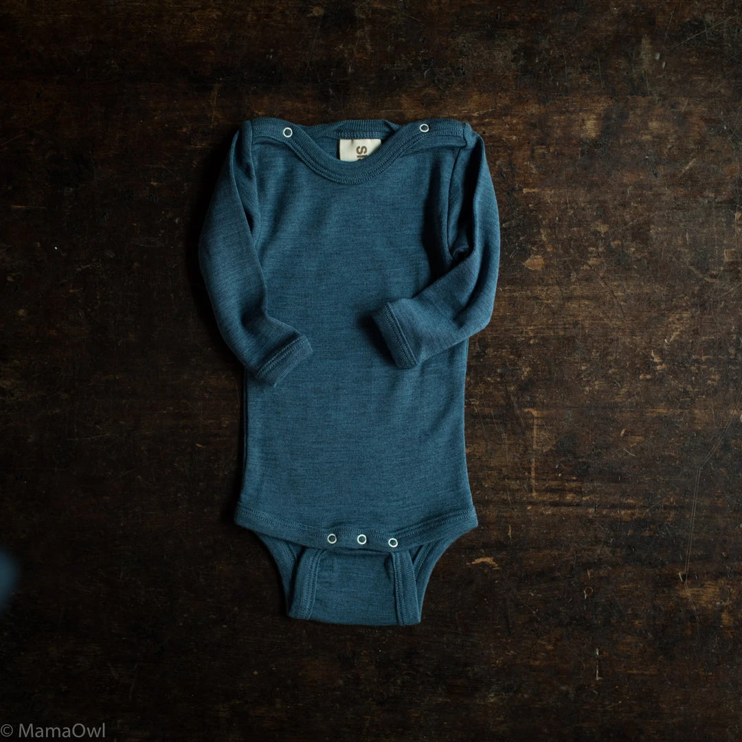 SISKIN By Engel Exclusive Organic Merino Wool & Silk LS Press Studs Baby Body - Deep Ocean
