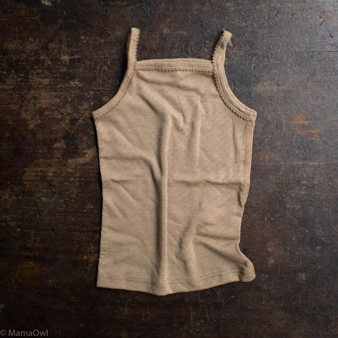 SISKIN Merino Wool/Silk Pointelle Strappy Vest - Caramel