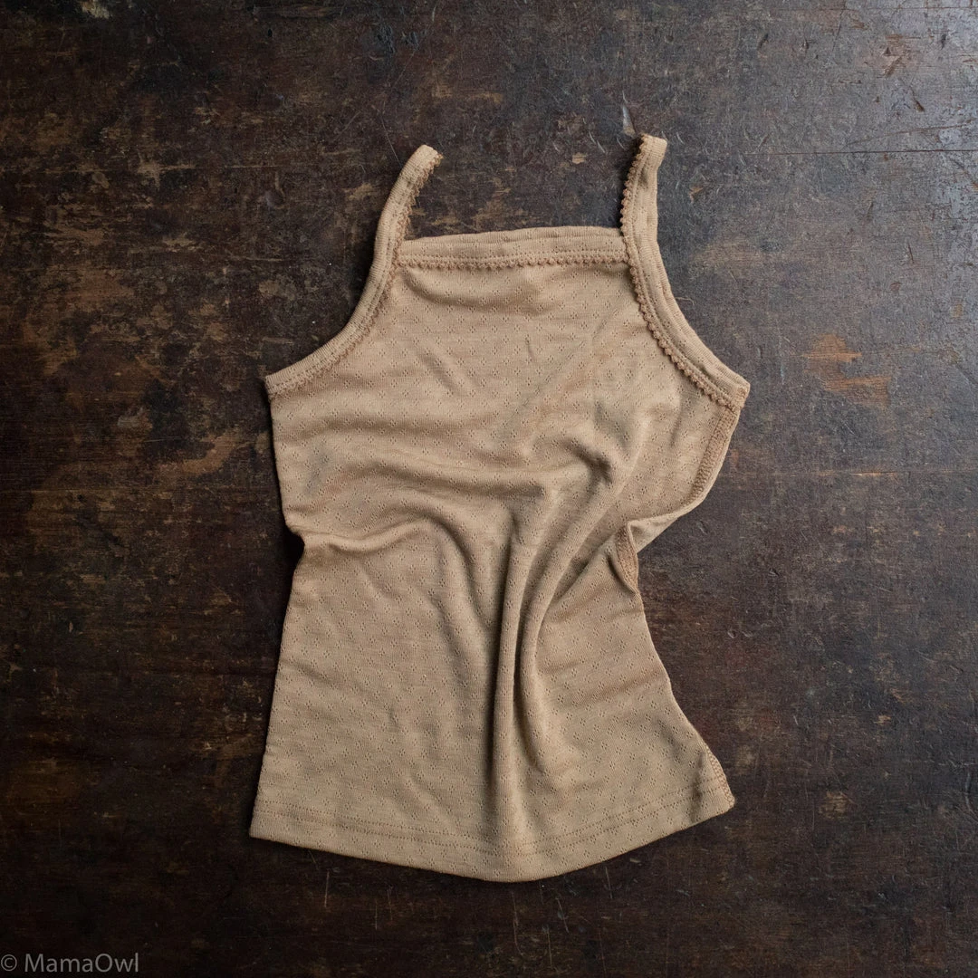 SISKIN Merino Wool/Silk Pointelle Strappy Vest - Caramel